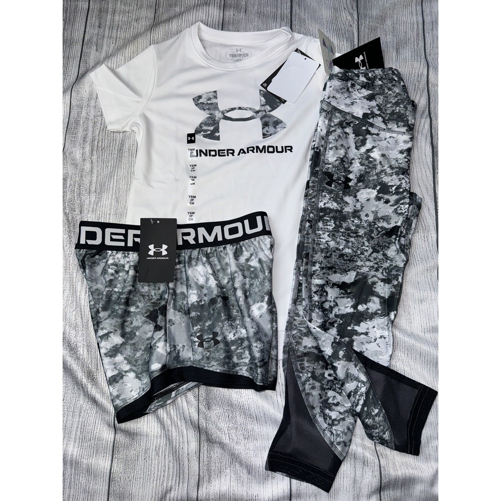 Under Armour Youth Small (8) White Black Gray Crop Legging Shorts Tee NEW Outfit
